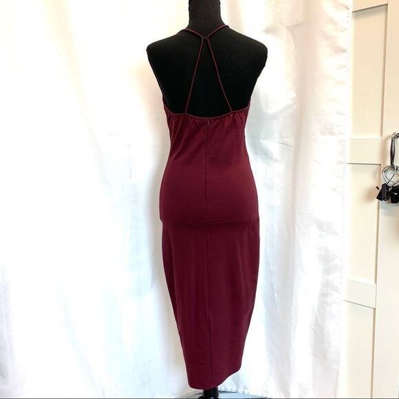 Red plum wine coloured deep V crisscross bodycon stretchy Vegas clubwear dress L - Picture 4 of 10